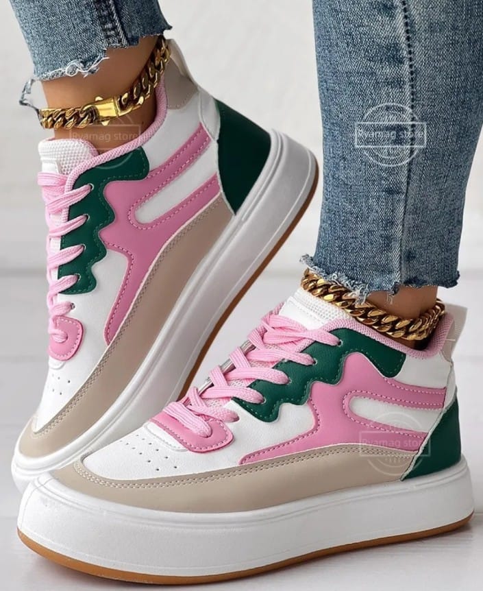 Women's High-Top Sneakers with Color Blocks - Pink